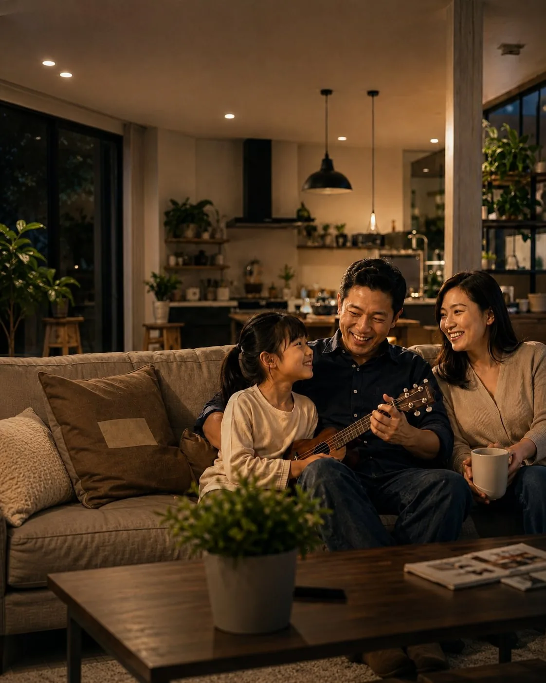 創業做生意,是為了自由支配時間、擁有更好的生活品質。一家三口在客廳享受家人陪伴,爸爸彈烏克麗麗,真正的成功不只是營業額,還包括能過上想要的生活